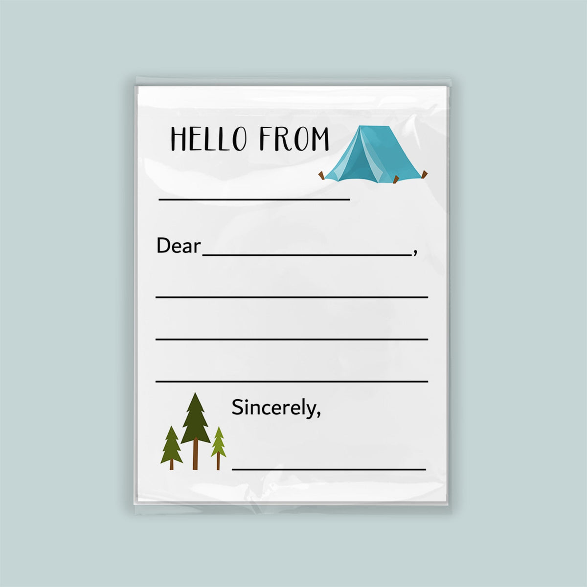 The image is a letterhead with a camping tent and pine trees on it, along with a blank space for a message.