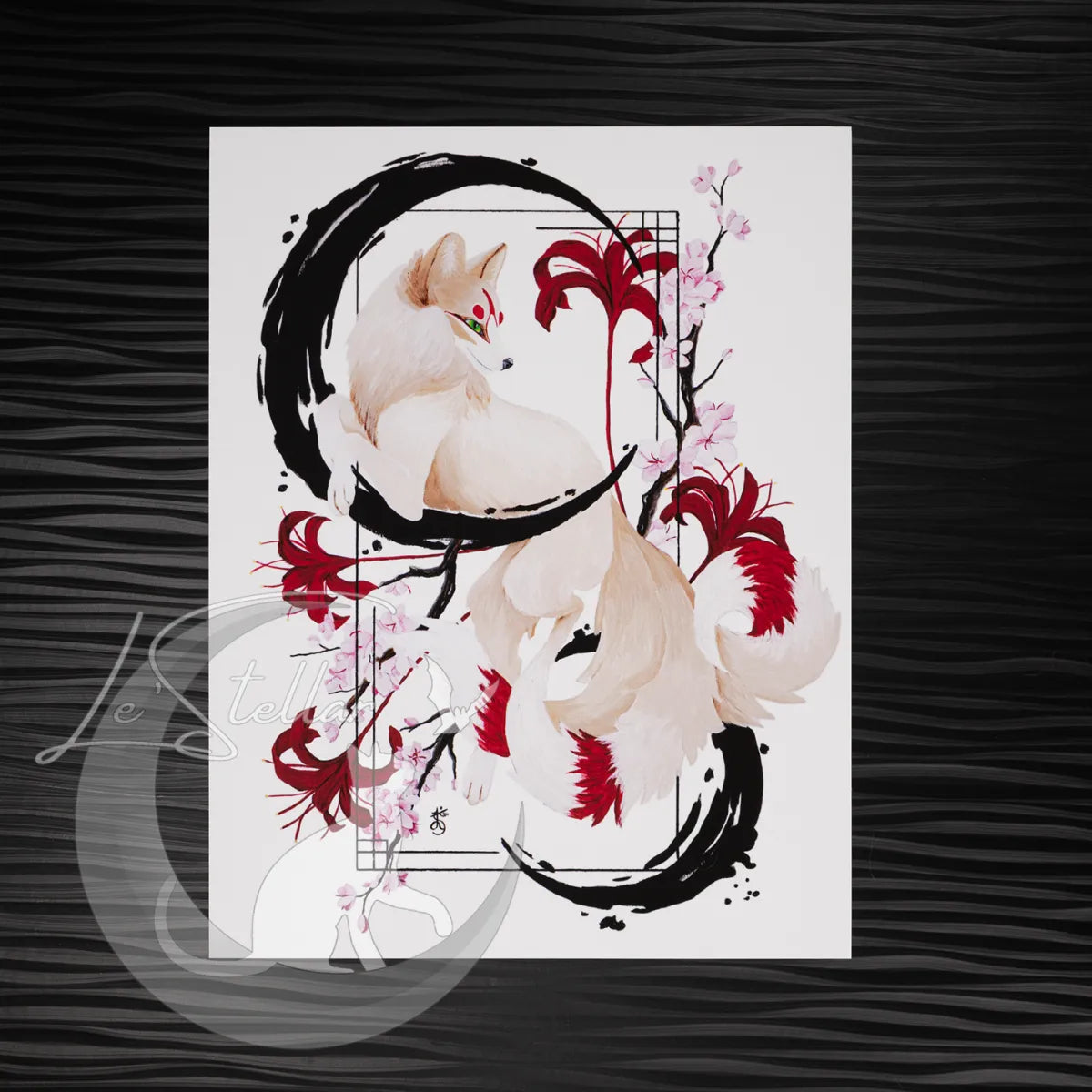 Kitsune Fox Art Painting Print, Japanese Sumi-e Inspired Wall Art