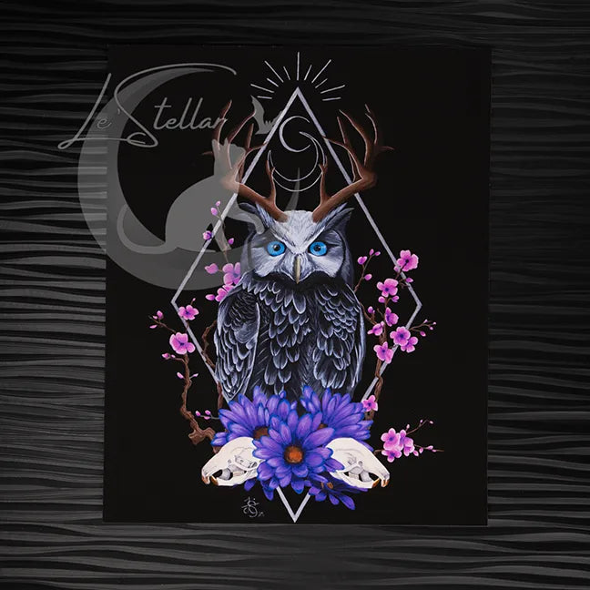 Sacred Owl Art Print: Gothic Forest, Cryptid Dark Fantasy Animal Acrylic Painting