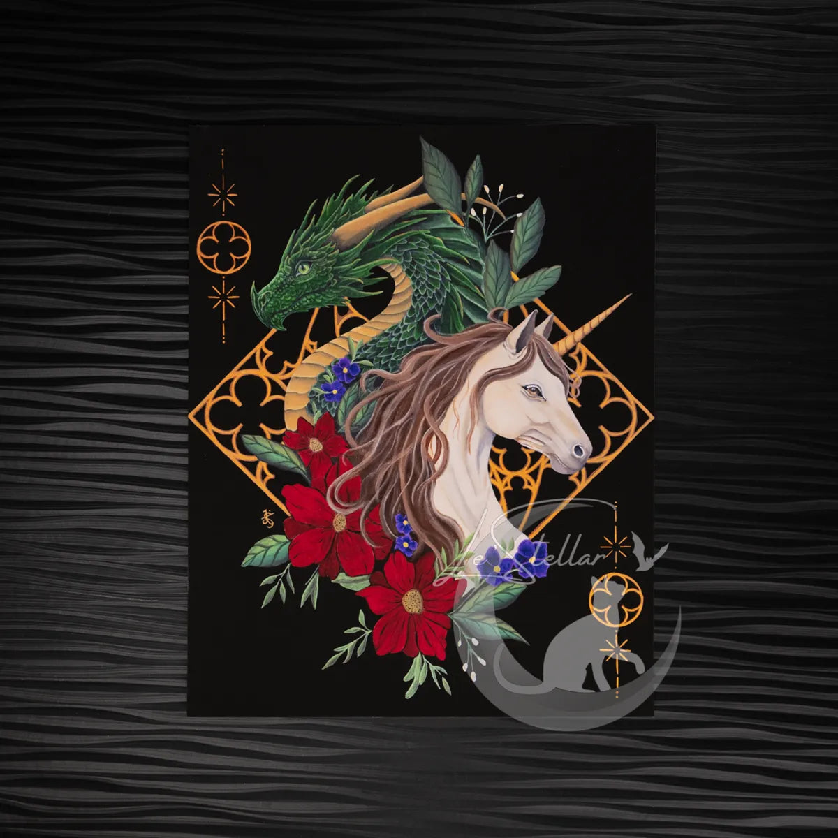Dragon and Unicorn Gothic Art Print: Dark Academia Fantasy Acrylic Painting Decor