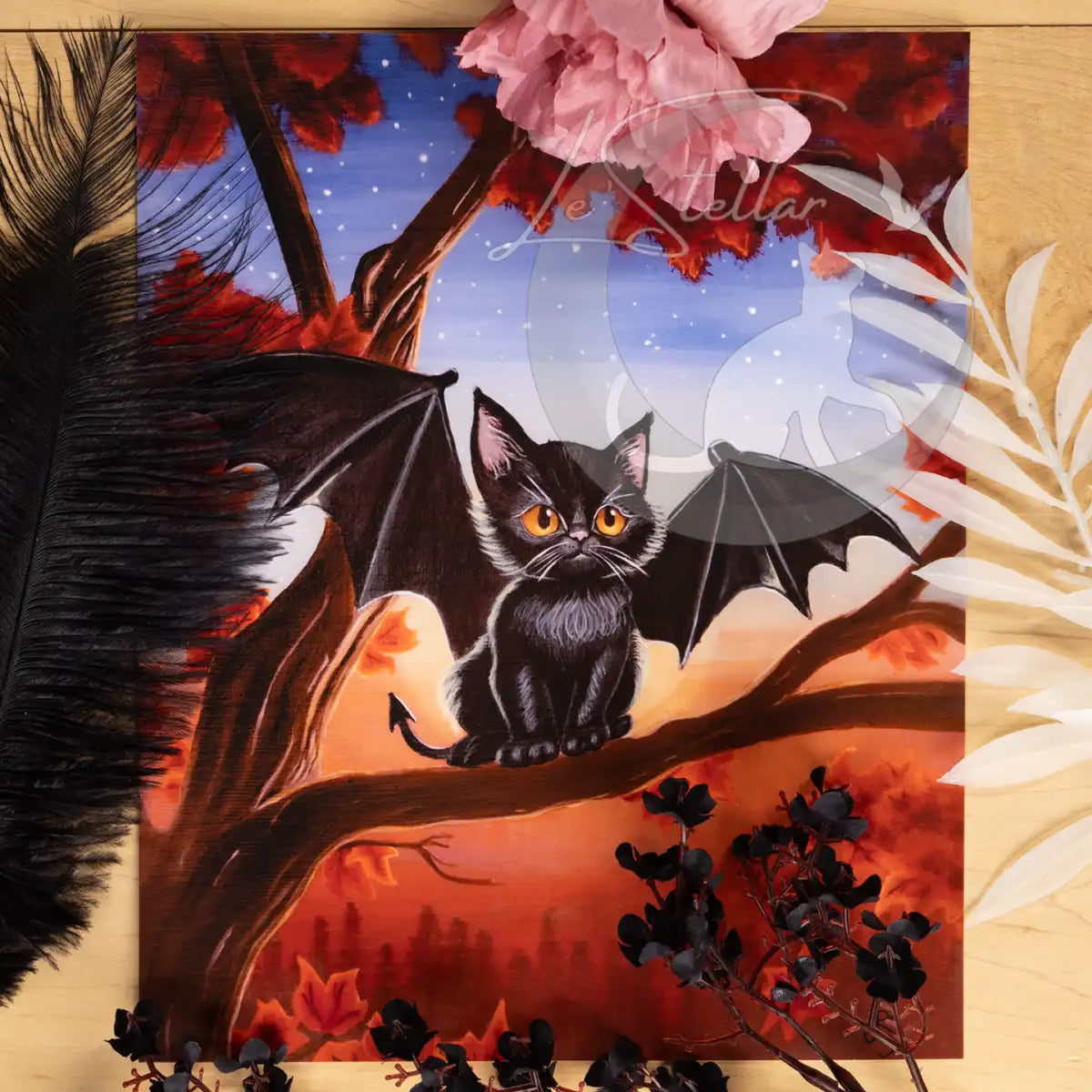 Bat Cat Acrylic Painting: Original Hand-Painted Art