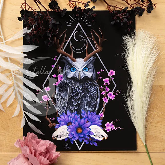 Sacred Owl Art Print: Gothic Forest, Cryptid Dark Fantasy Animal Acrylic Painting