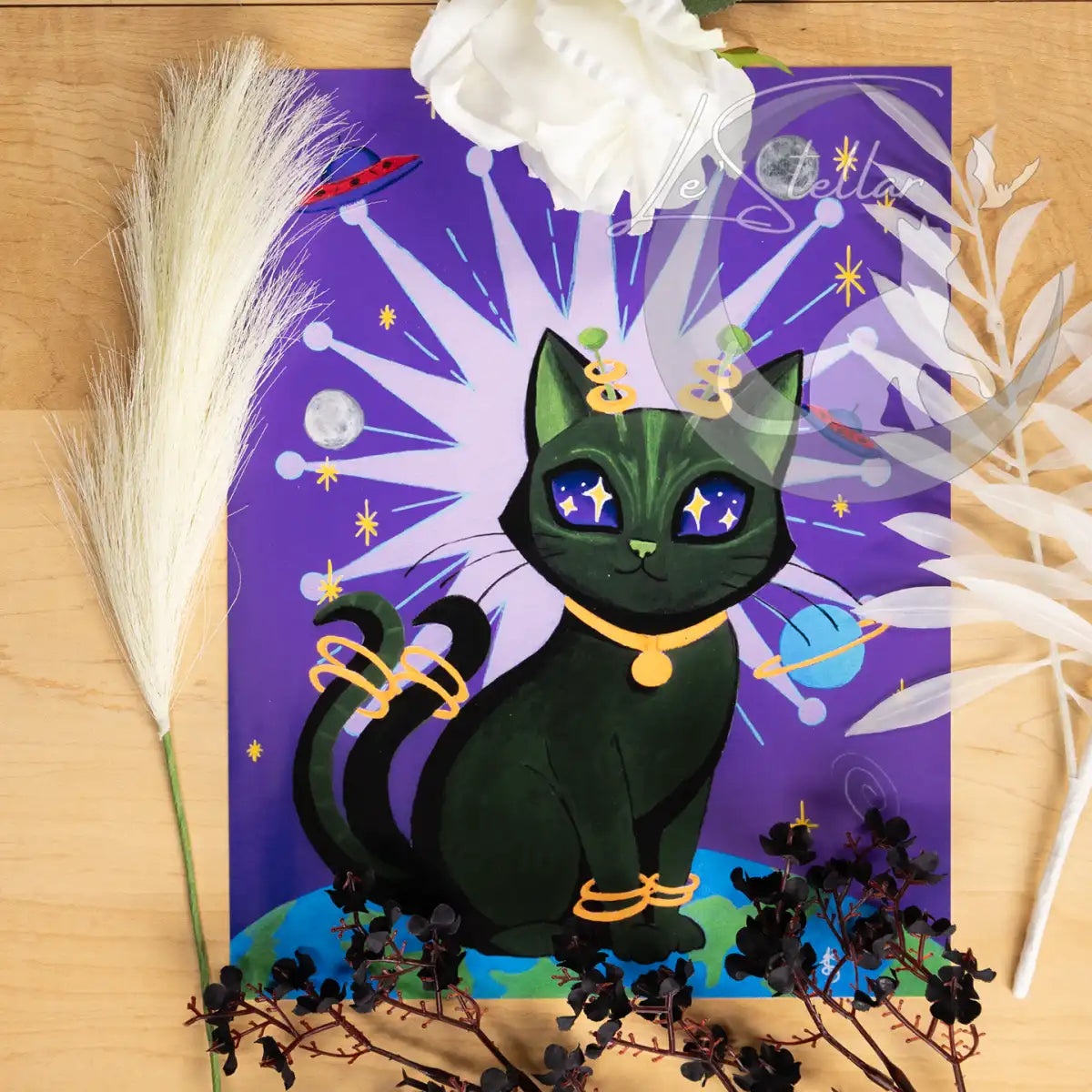Whimsical Alien Cat Acrylic Painting Print: Fantasy Atomic Age Hand Painted Wall Art