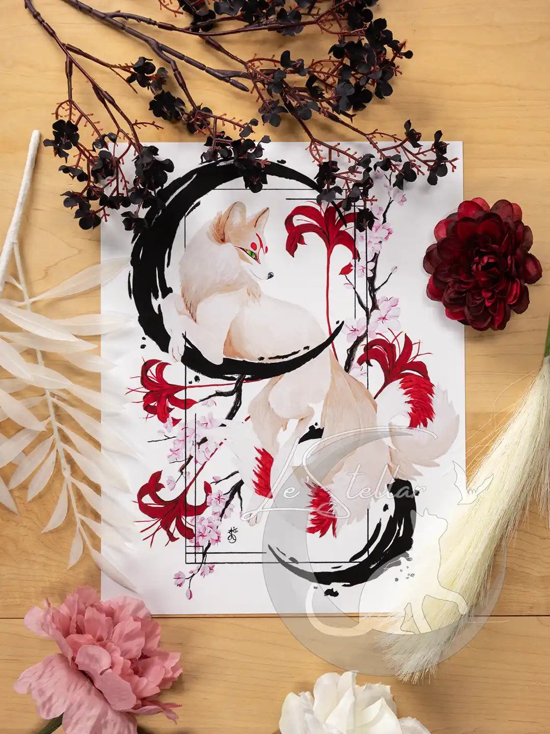 Kitsune Fox Art Painting Print, Japanese Sumi-e Inspired Wall Art