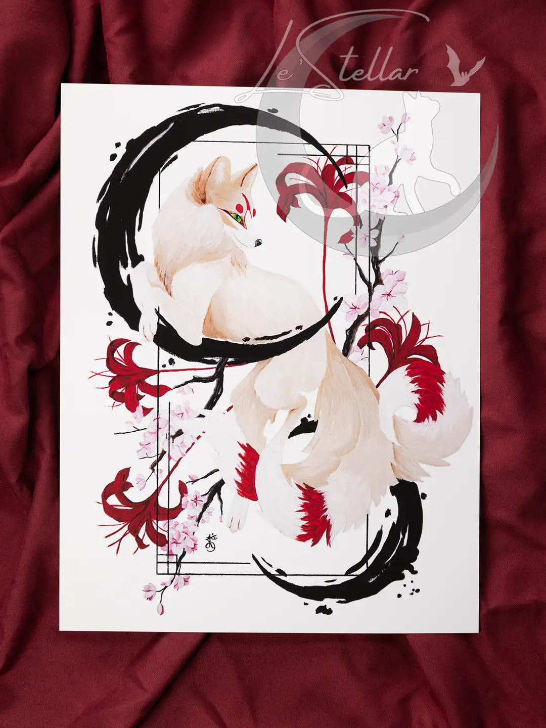 Kitsune Fox Art Painting Print, Japanese Sumi-e Inspired Wall Art