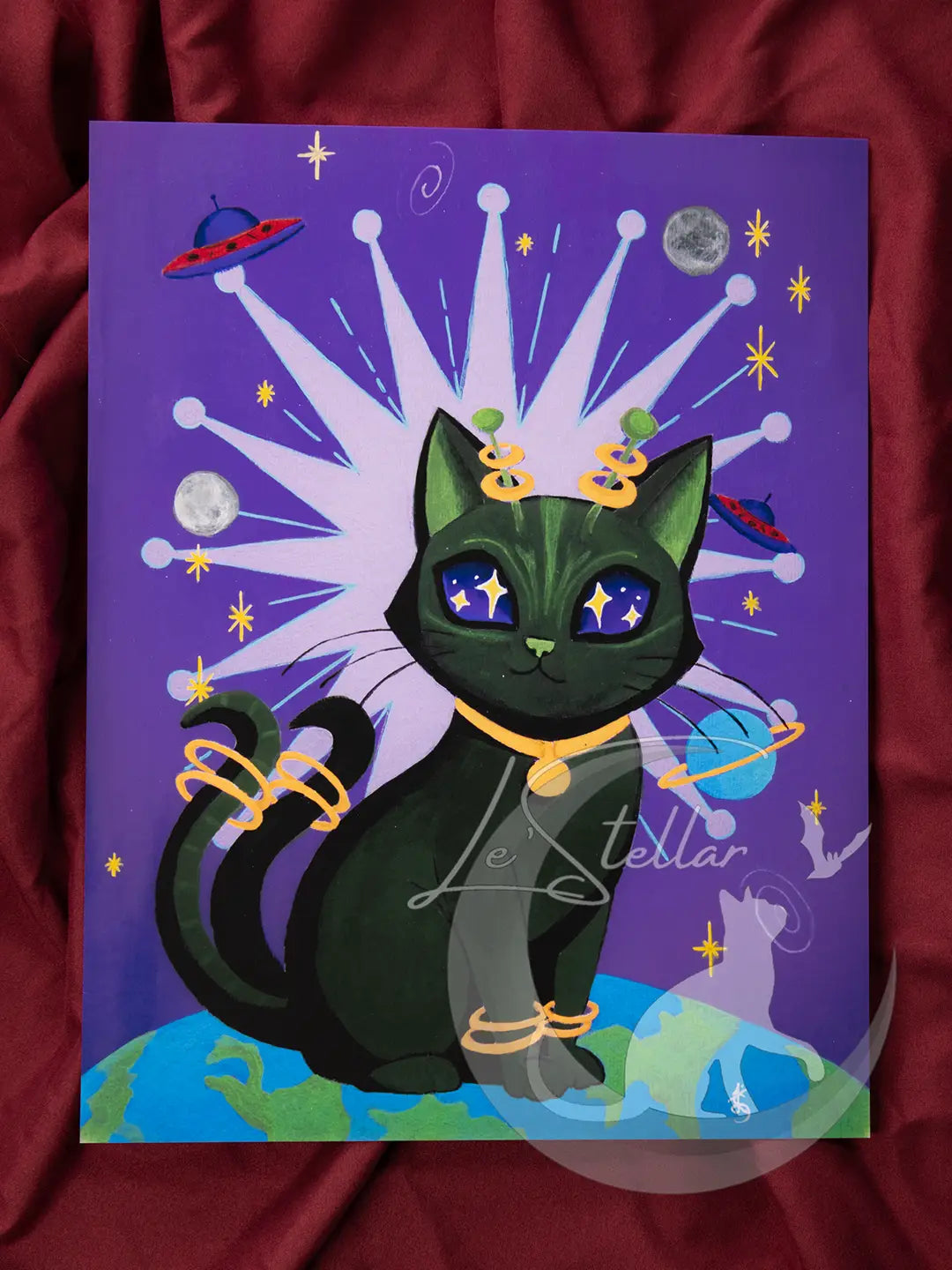 Whimsical Alien Cat Acrylic Painting Print: Fantasy Atomic Age Hand Painted Wall Art