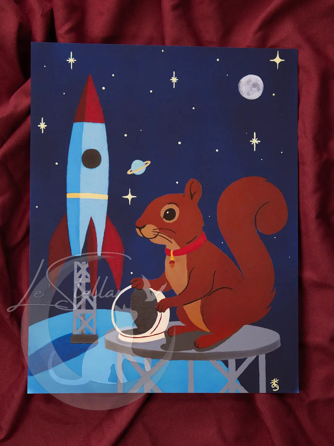 Astronaut Squirrel Acrylic Painting Print: Fantasy Atomic Age Hand-Painted Wall Art