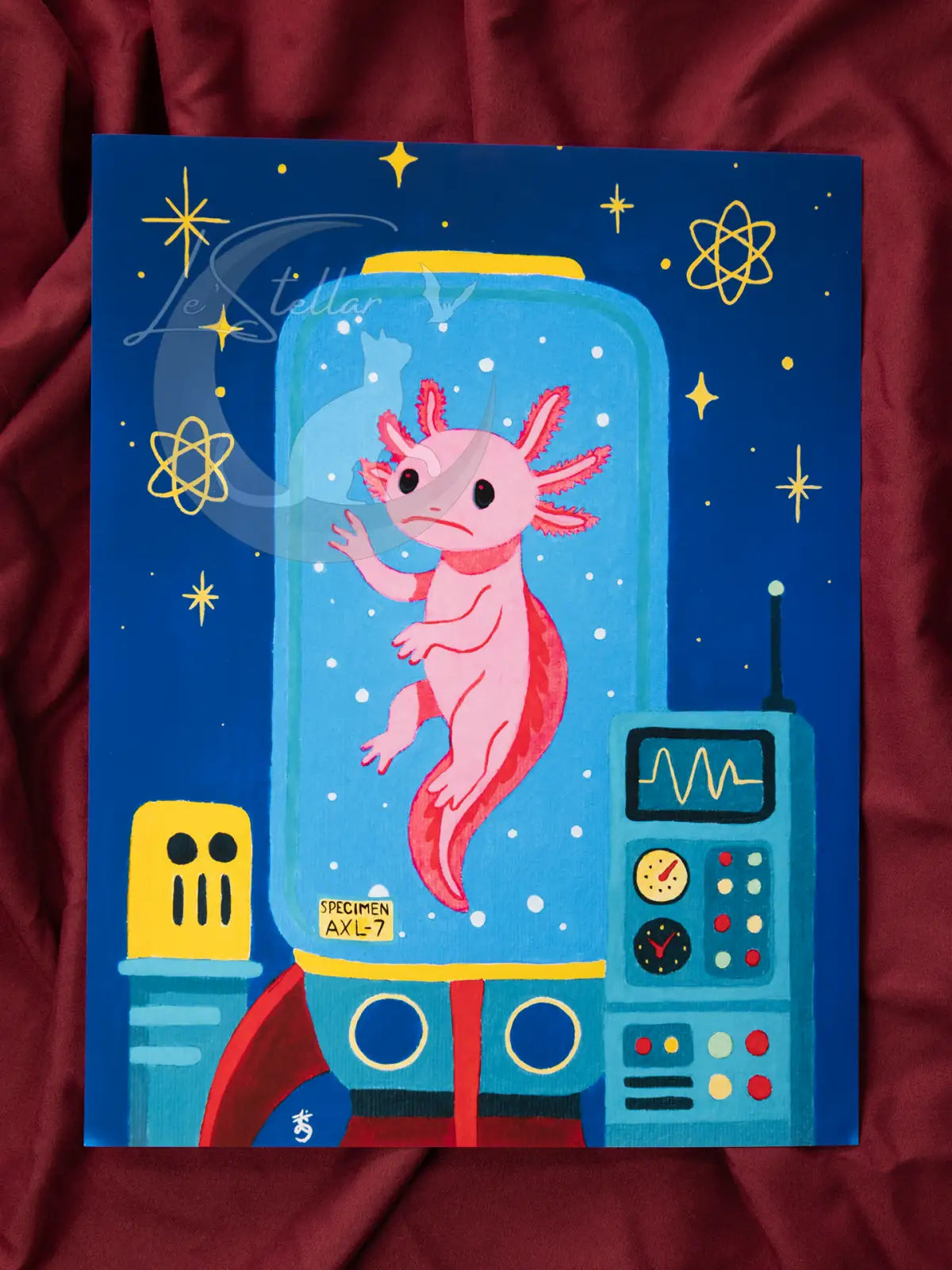 Retro Axolotl Acrylic Painting Print: Fantasy Atomic Age Hand-Painted Wall Art