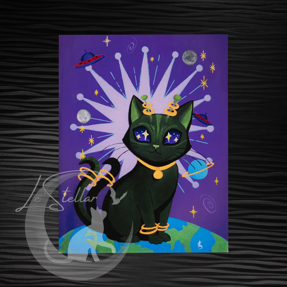 Whimsical Alien Cat Acrylic Painting Print: Fantasy Atomic Age Hand Painted Wall Art