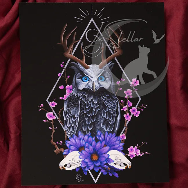 Sacred Owl Art Print: Gothic Forest, Cryptid Dark Fantasy Animal Acrylic Painting