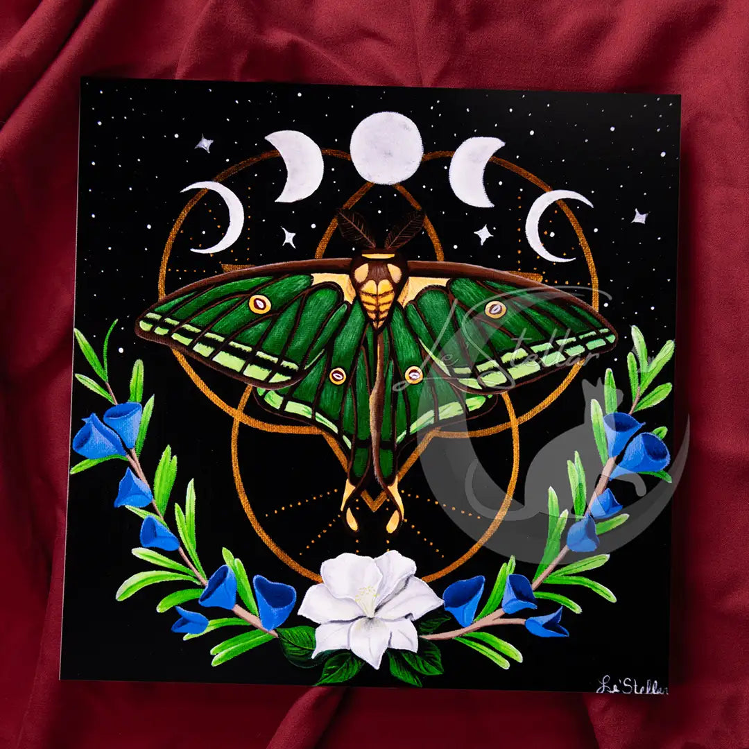 Spanish Moon Moth Acrylic Painting: Moon Phases Bedroom Decor