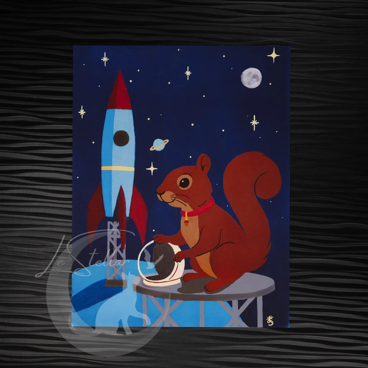 Astronaut Squirrel Acrylic Painting Print: Fantasy Atomic Age Hand-Painted Wall Art