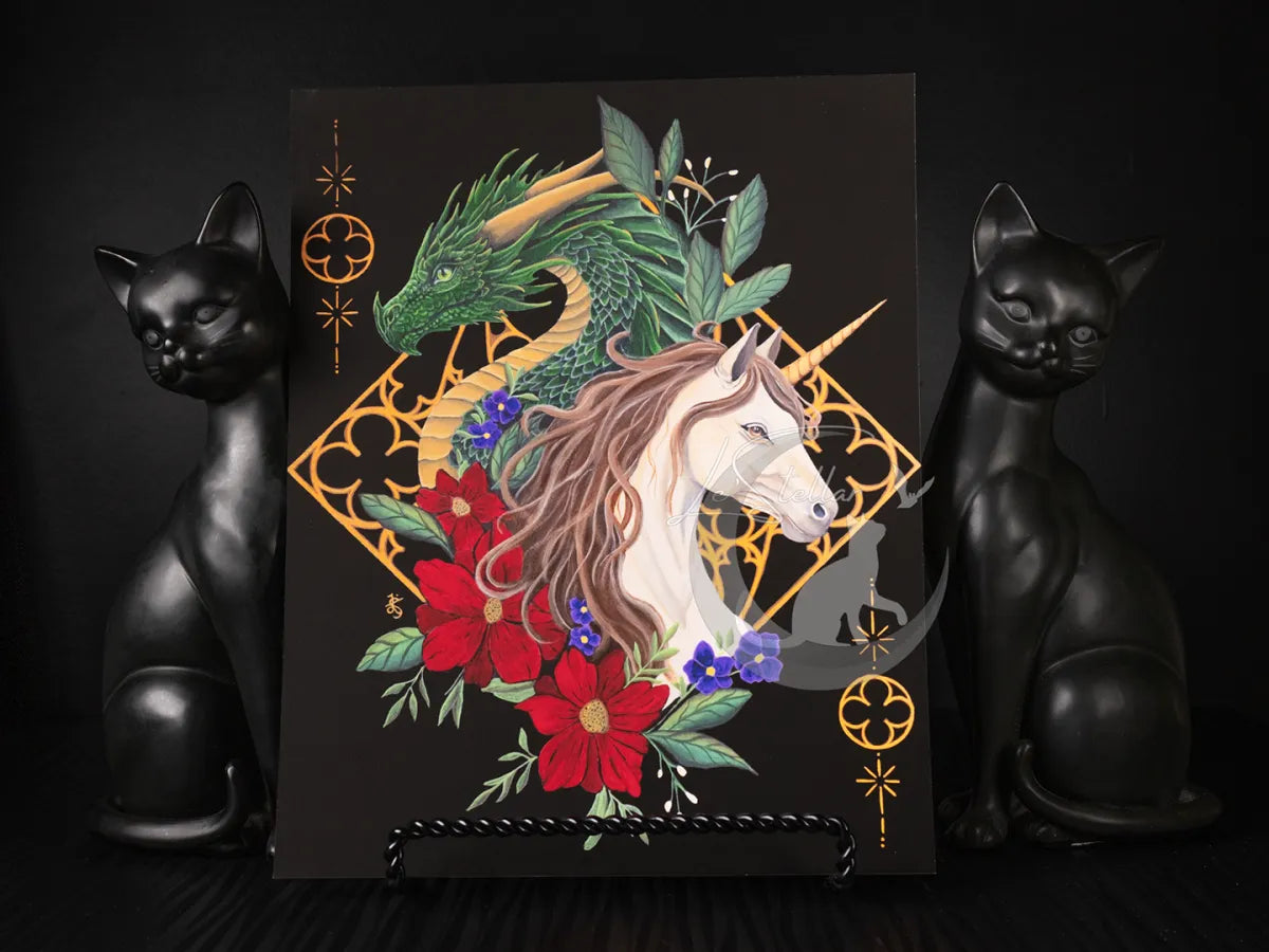 Dragon and Unicorn Gothic Art Print: Dark Academia Fantasy Acrylic Painting Decor