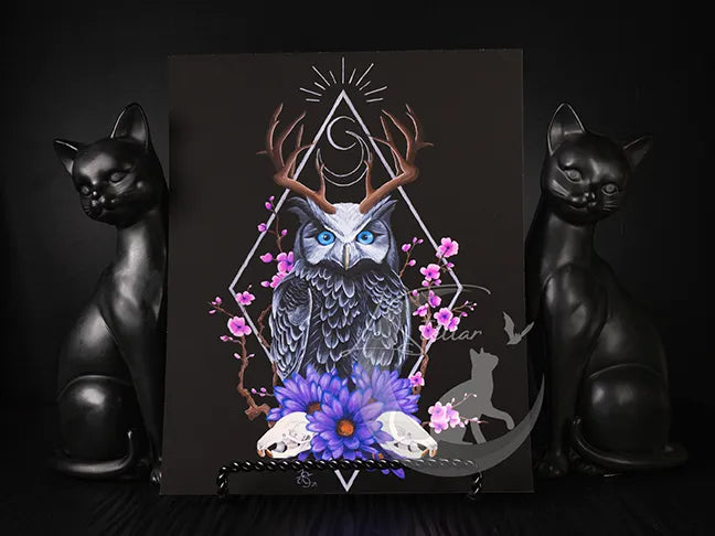 Sacred Owl Art Print: Gothic Forest, Cryptid Dark Fantasy Animal Acrylic Painting