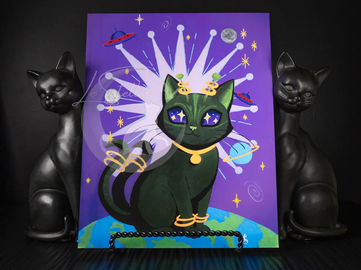 Whimsical Alien Cat Acrylic Painting Print: Fantasy Atomic Age Hand Painted Wall Art