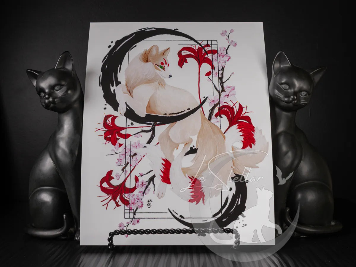 Kitsune Fox Art Painting Print, Japanese Sumi-e Inspired Wall Art