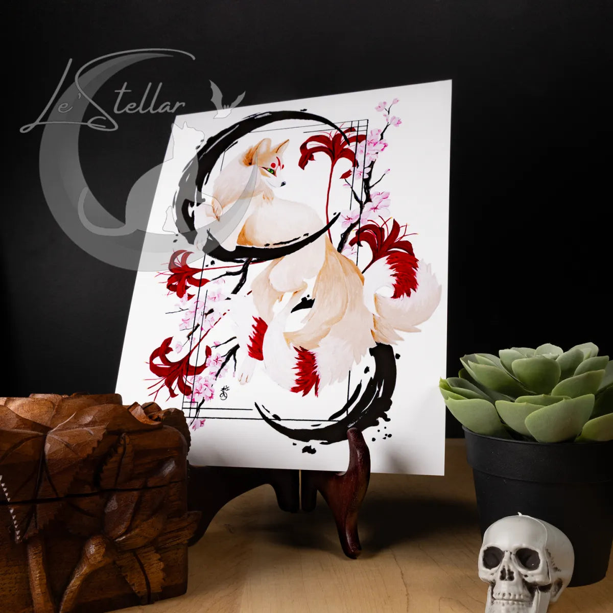Kitsune Fox Art Painting Print, Japanese Sumi-e Inspired Wall Art