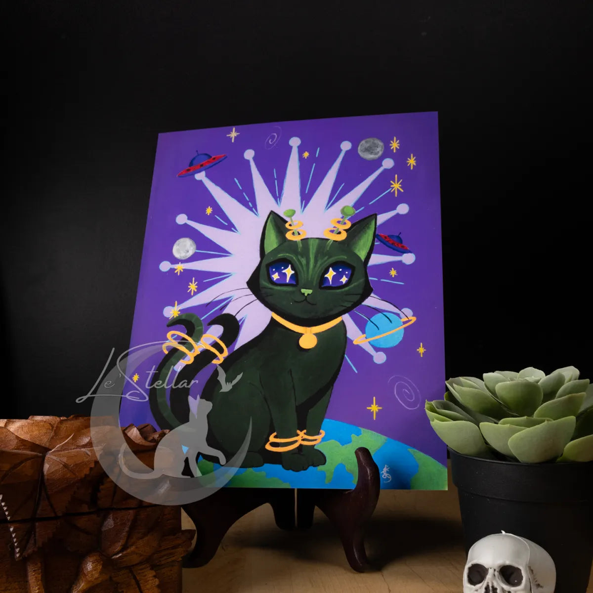 Whimsical Alien Cat Acrylic Painting Print: Fantasy Atomic Age Hand Painted Wall Art