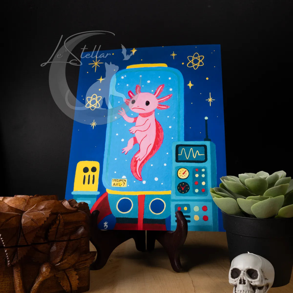 Retro Axolotl Acrylic Painting Print: Fantasy Atomic Age Hand-Painted Wall Art