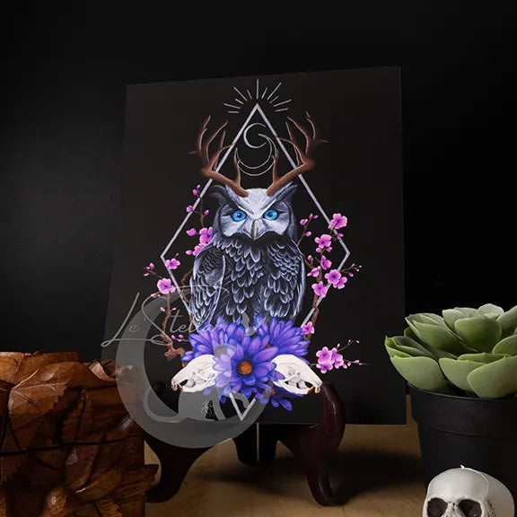 Sacred Owl Art Print: Gothic Forest, Cryptid Dark Fantasy Animal Acrylic Painting