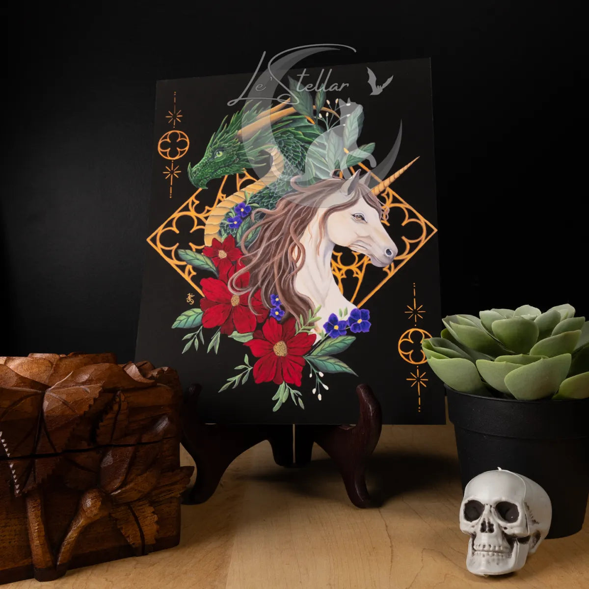 Dragon and Unicorn Gothic Art Print: Dark Academia Fantasy Acrylic Painting Decor
