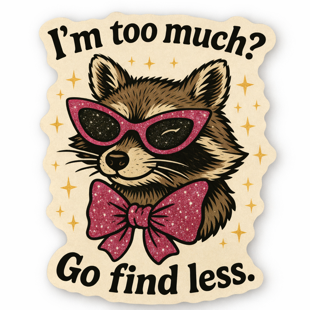Sticker with a raccoon wearing sunglasses and a bow tie, text &