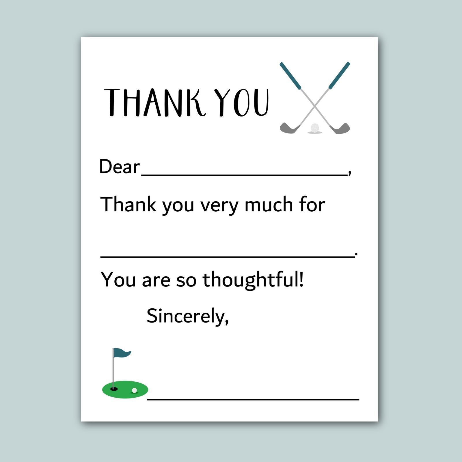 The image is a white card with a golf-themed design, including a golf club and a golf ball. The card has a message expressing gratitude, and it is not a collage of multiple images. The message is written in a clear, simple font and includes a golf club and ball illustration. The card does not contain any redundancy or vague wording, and it focuses on the gratitude message.