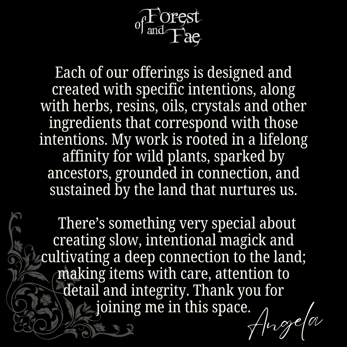 Text on a black background about offerings, intentions, and connection to nature.