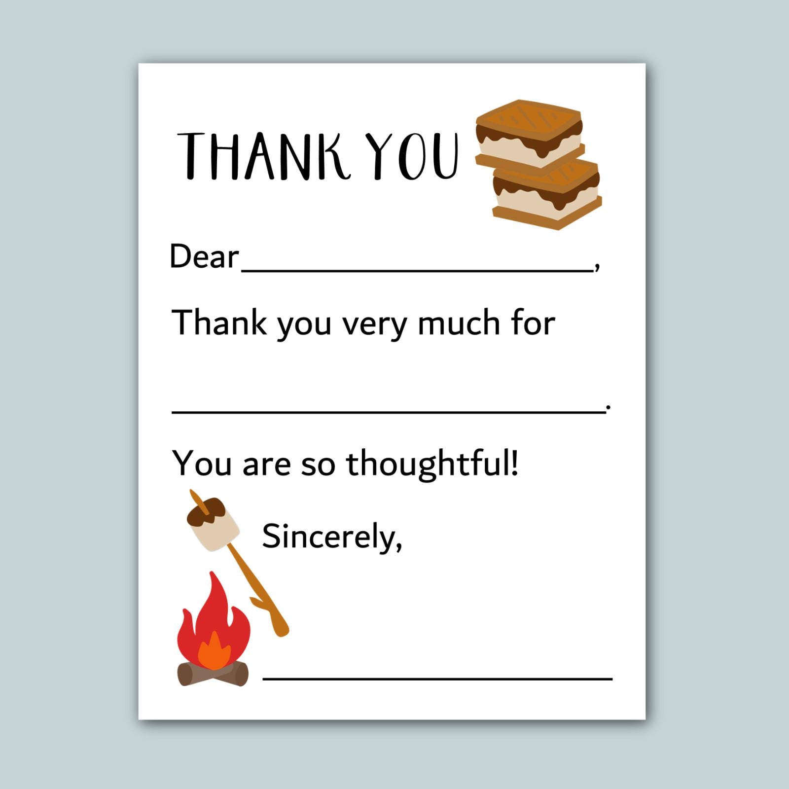 The image is a printed card with a message and a graphic of a campfire and marshmallows. The card has a blank space for the recipient&