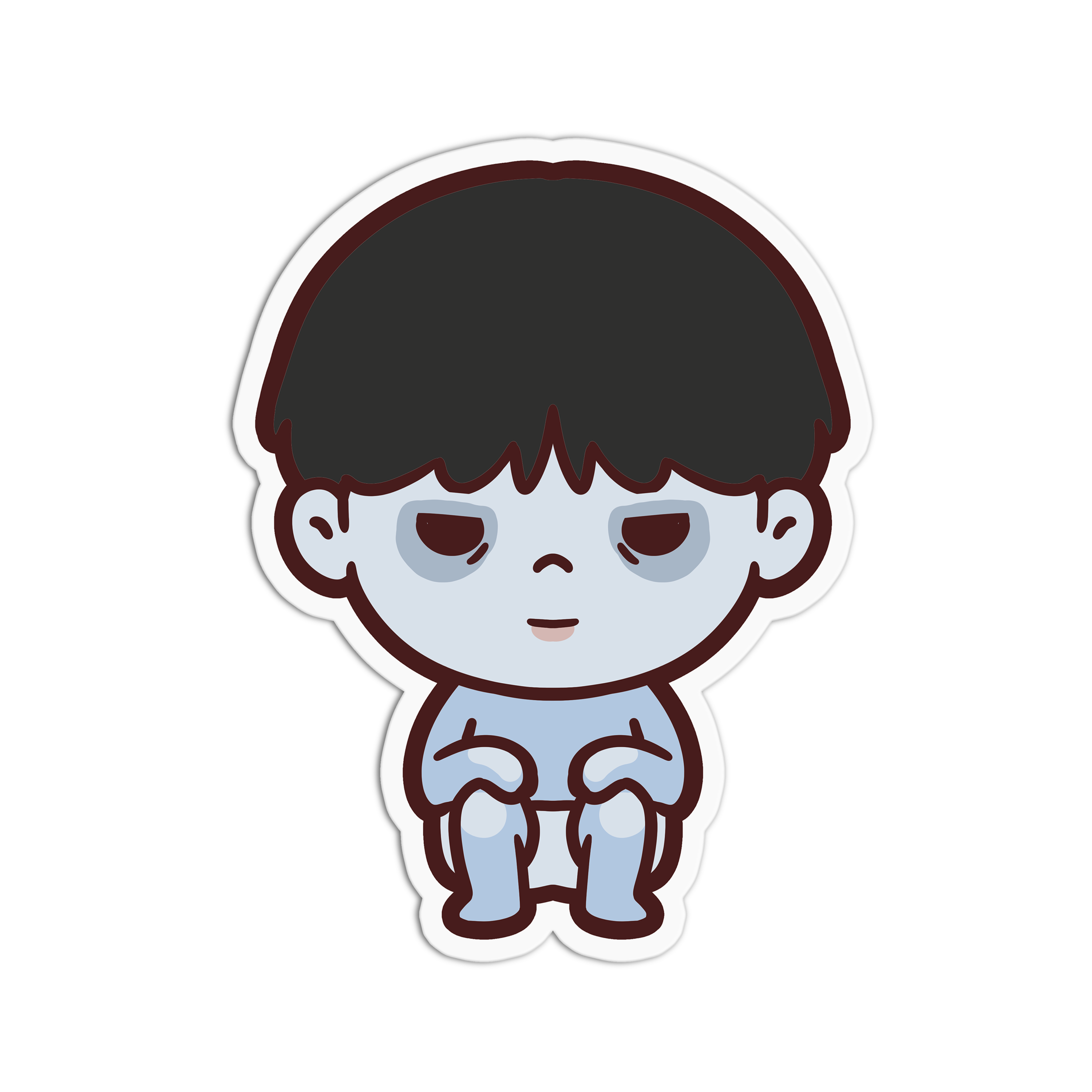 Cartoon character with dark hair and light skin on a white background