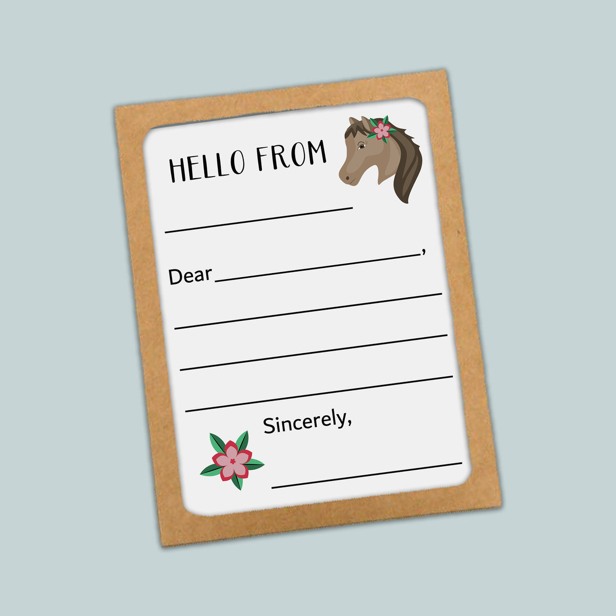 The image is a greeting card with a horse illustration and a blank space for a message.
