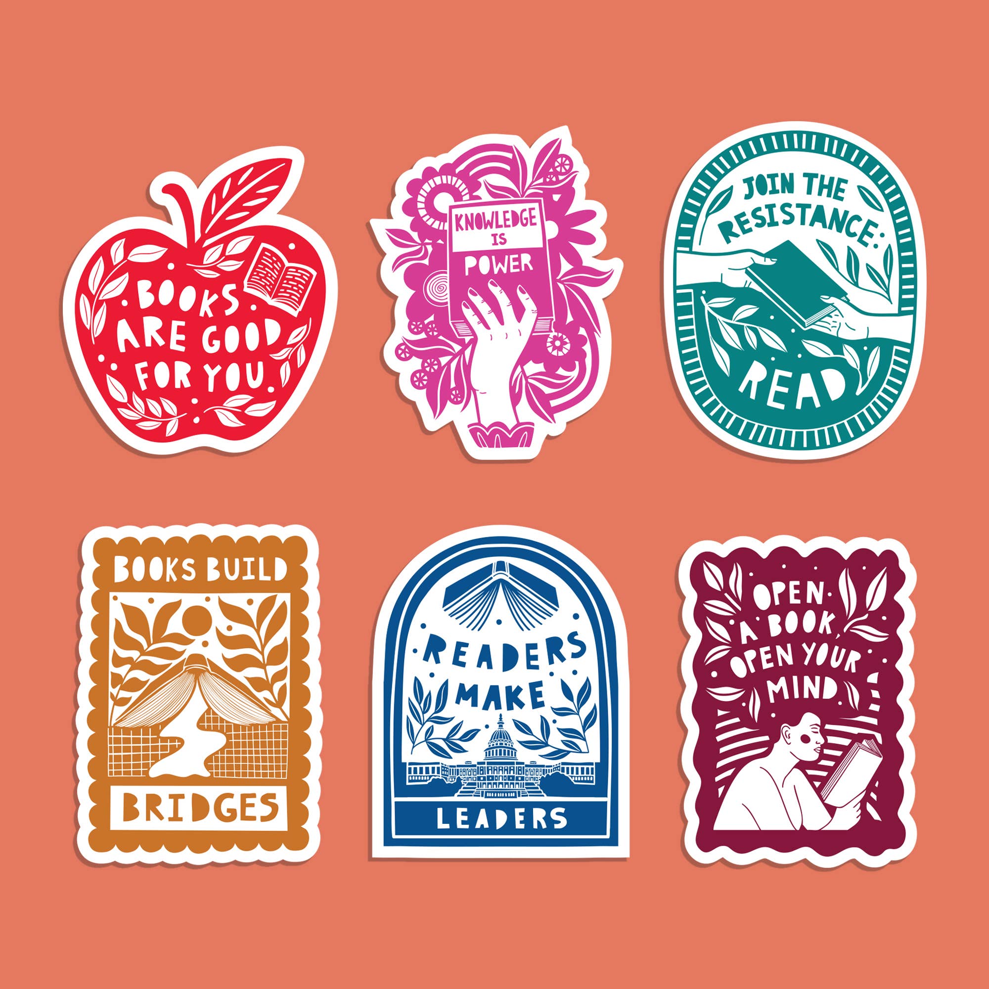 Set of six book-themed stickers on a peach background