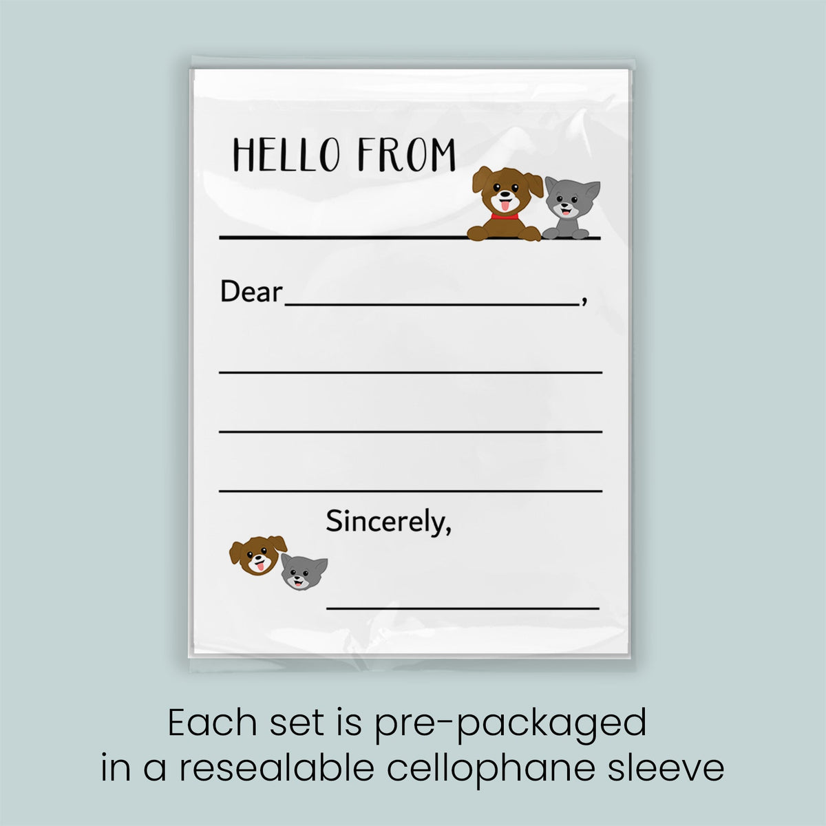 The image is a pre-packaged greeting card with a dog and cat illustration, and it is pre-packaged in a resealable cellophane sleeve. Each set is pre-packaged in a resealable cellophane sleeve.