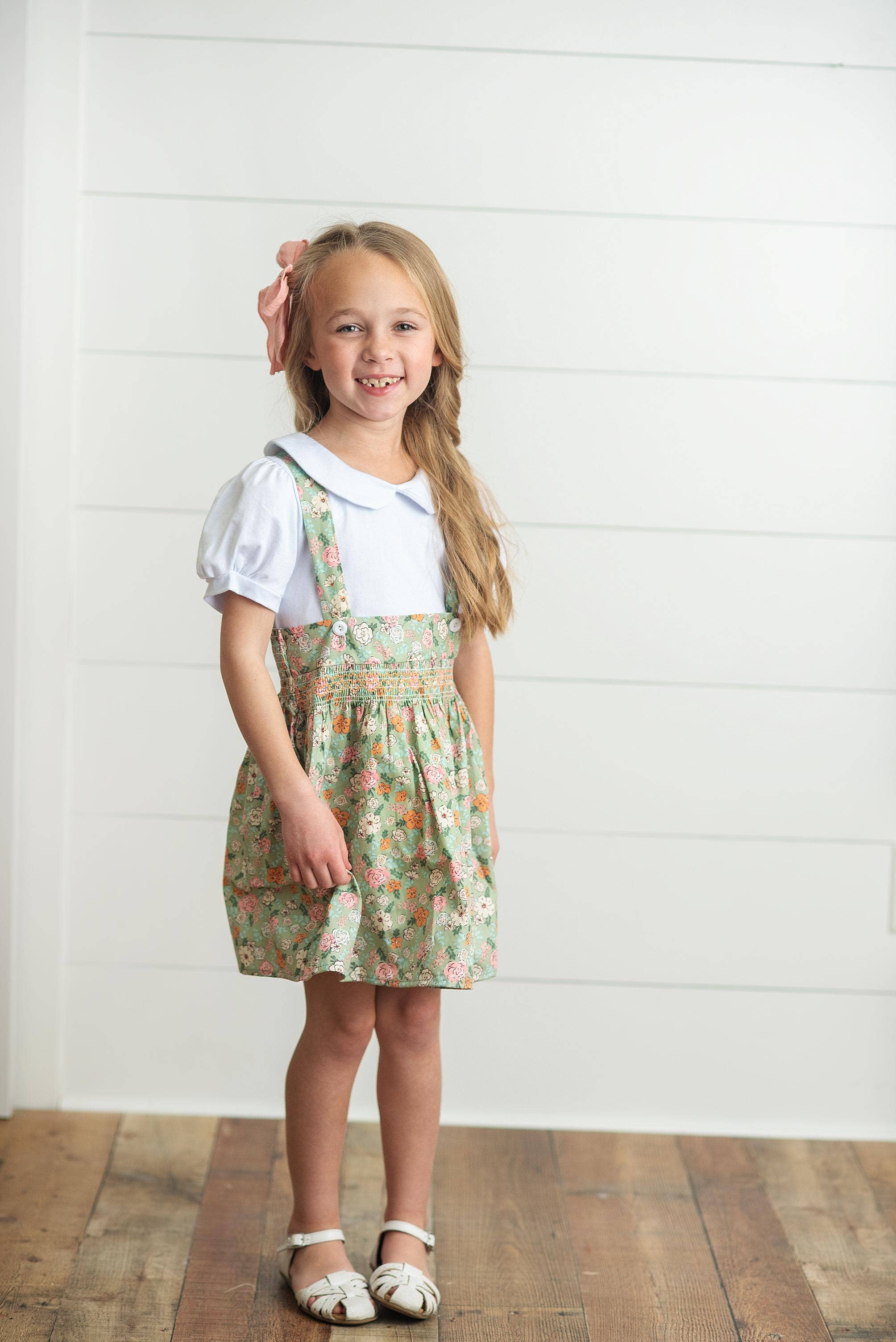 Kids Sage & White Floral Jumper Skirt Easter Collar Set