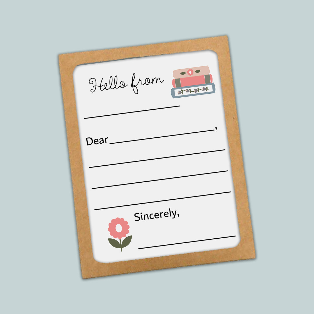 The image is a blank greeting card with a floral design and a pink flower. The card has a blank space for a message and a space for a signature.
