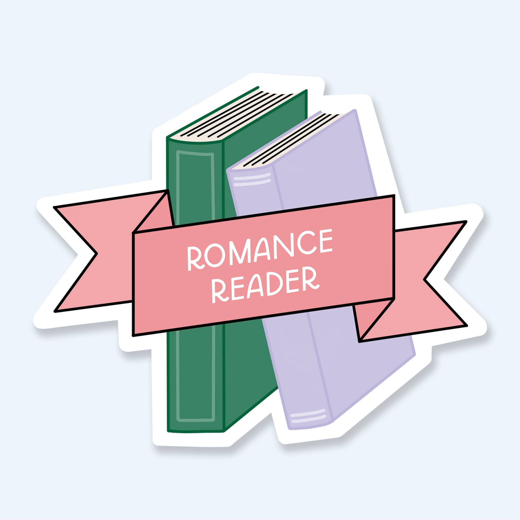 Sticker with books and a banner labeled &