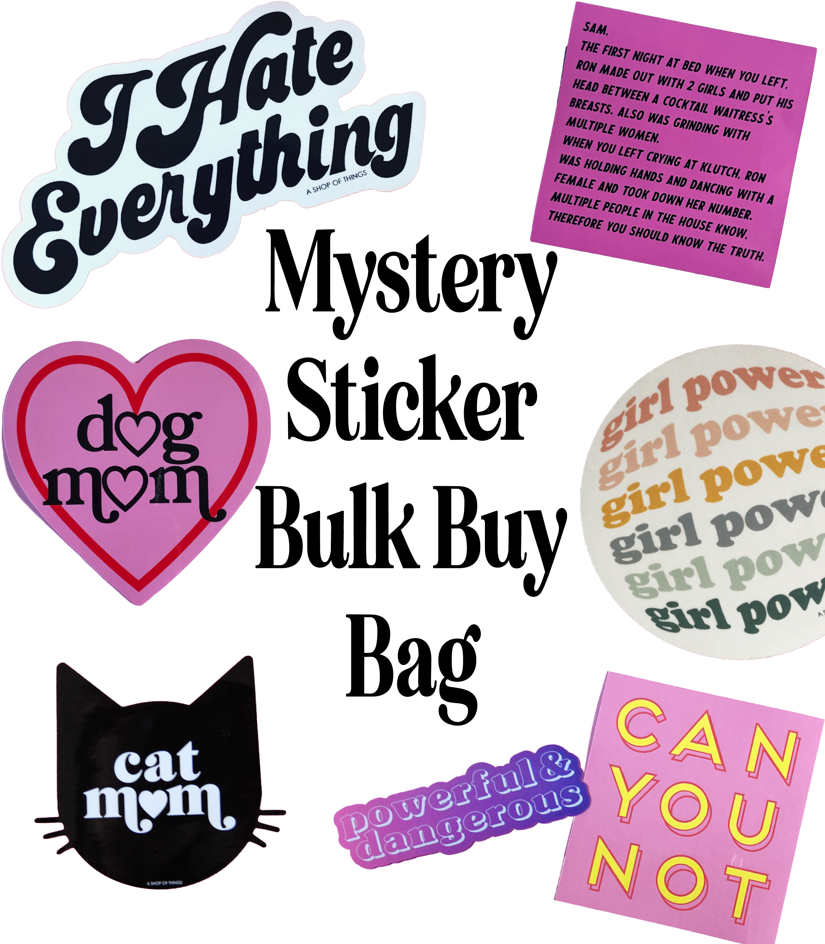 Collection of various stickers with different designs and text on a white background.