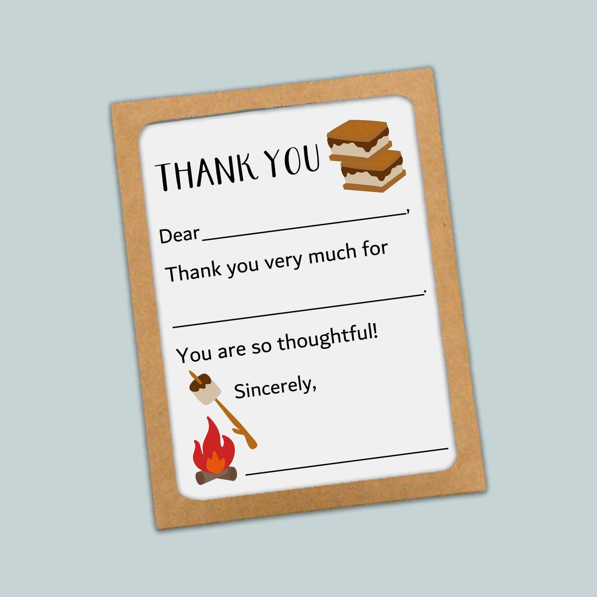The image is a brown card with a white background, featuring a message of gratitude and a marshmallow-related illustration.