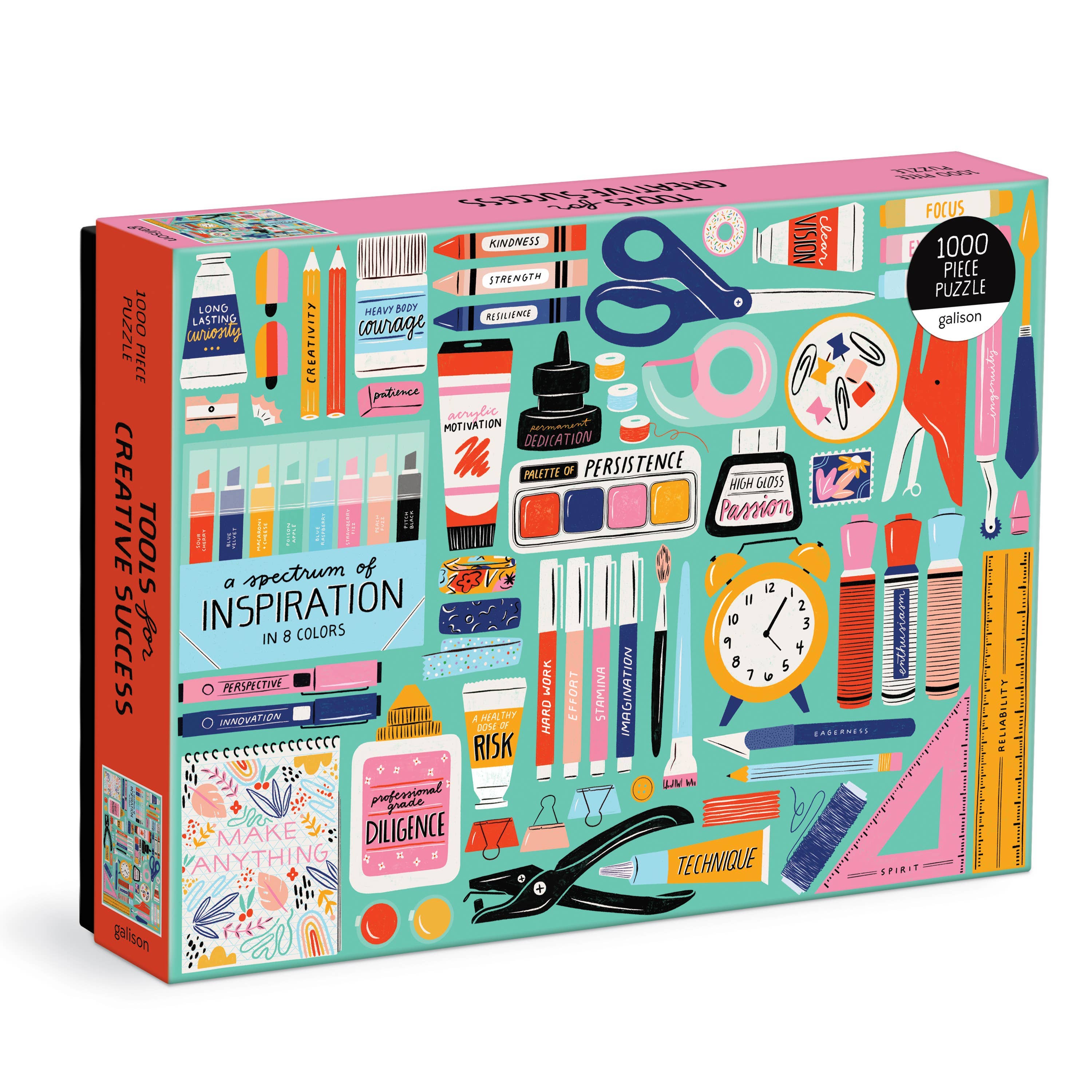 Jigsaw puzzle box with colorful illustrations of stationery items on a white background