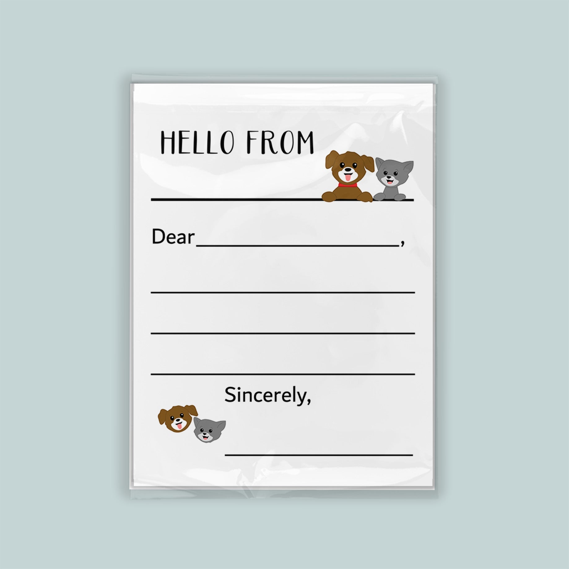 The image is a white envelope with a greeting card design on the front. The envelope has a blank space for writing a message and two cute cartoon animal illustrations on the front.