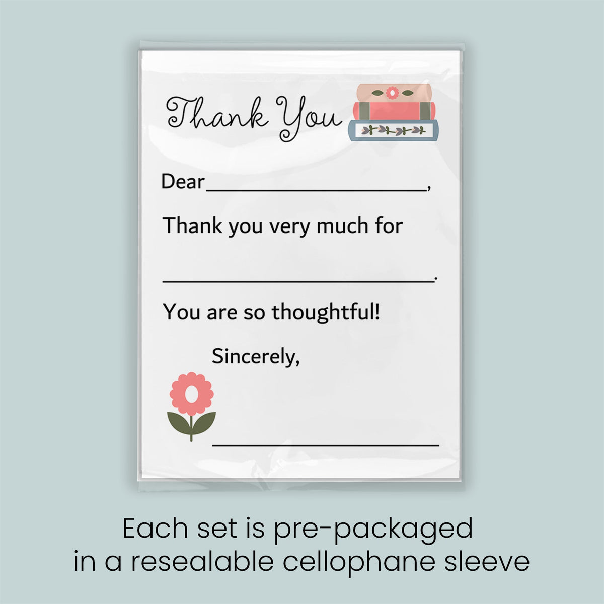 The image is a printed thank you card with a pink flower and a pink flower on the left side. The card is pre-packaged in a resealable cellophane sleeve.