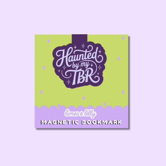 A square magnetic bookmark card with a lime green top section and a lavender bottom banner. The center features a dark purple label with the phrase &