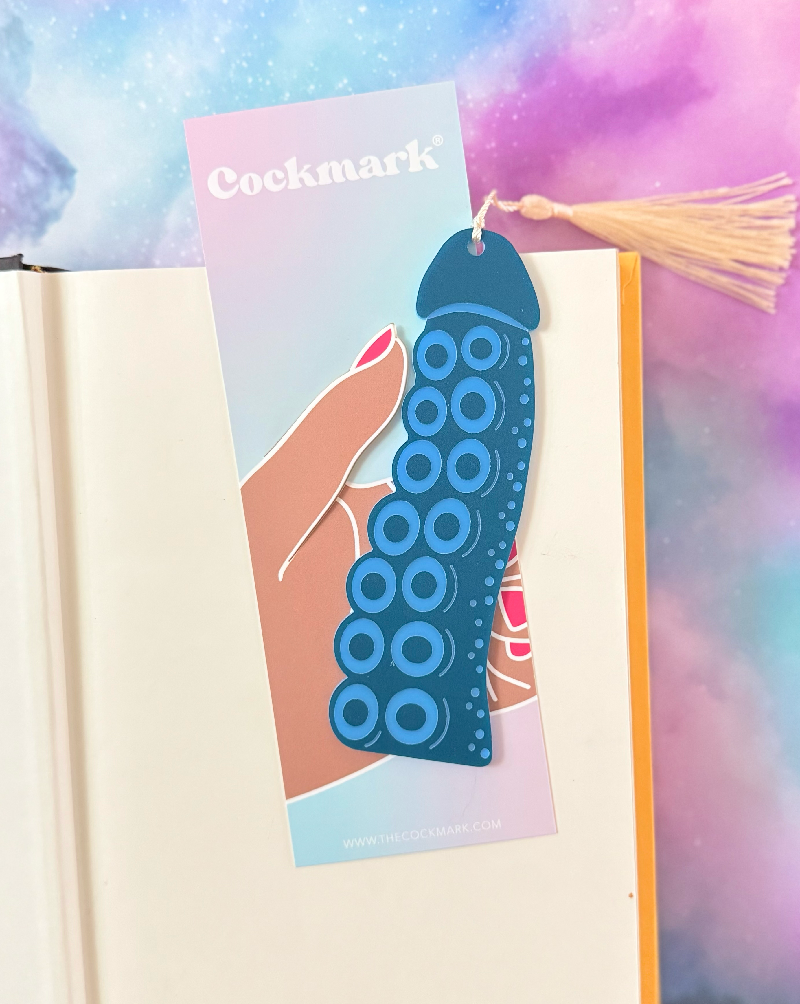 Blue cockmark product on a colorful background