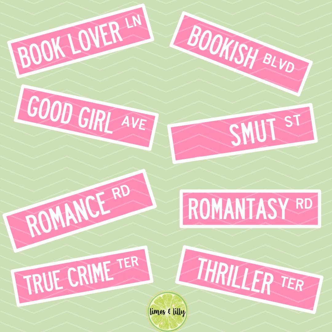 Pink street signs with book-themed names on a green background