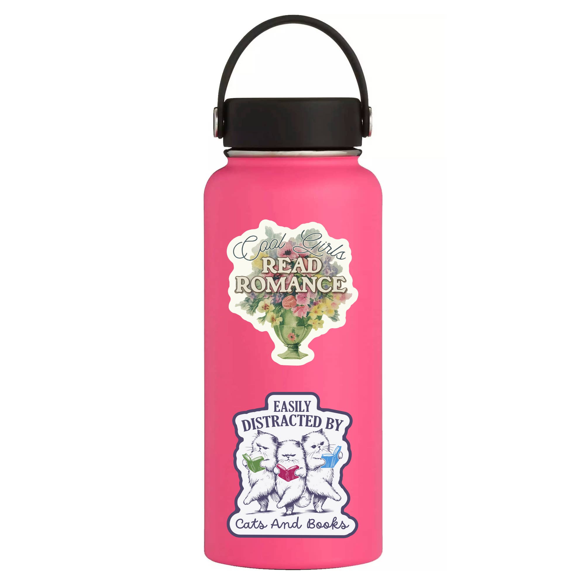 Pink water bottle with stickers on a white background