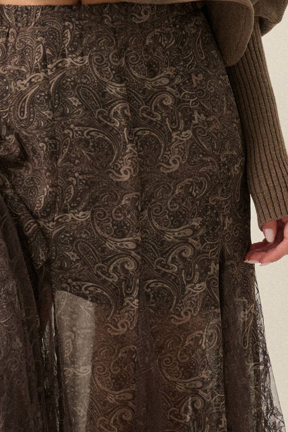 Paisley-Print Chiffon & Lace Elastic-Waist Godet Maxi Skirt