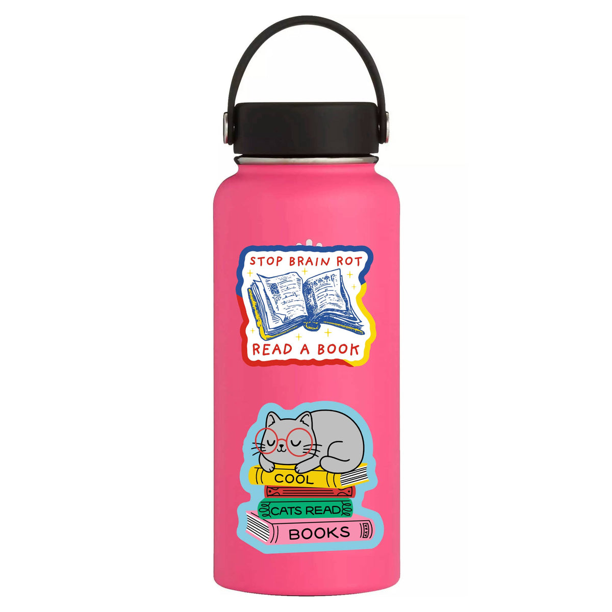 Pink water bottle with stickers on a white background