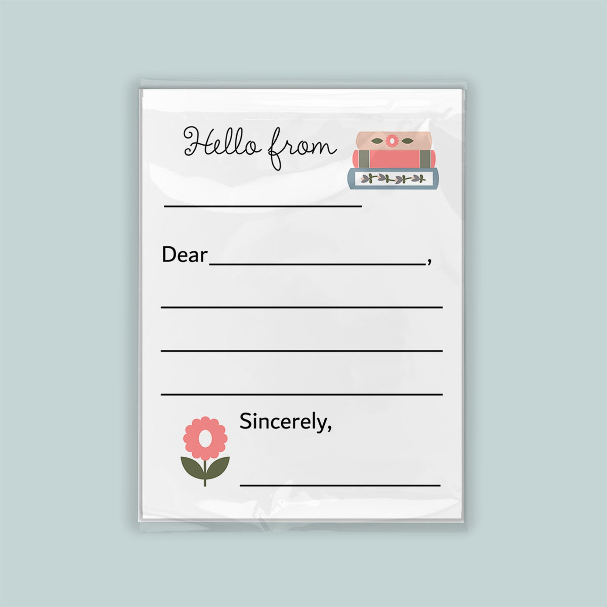 The image is a blank letterhead with a floral design and a message that reads "Hello from Sincerely".