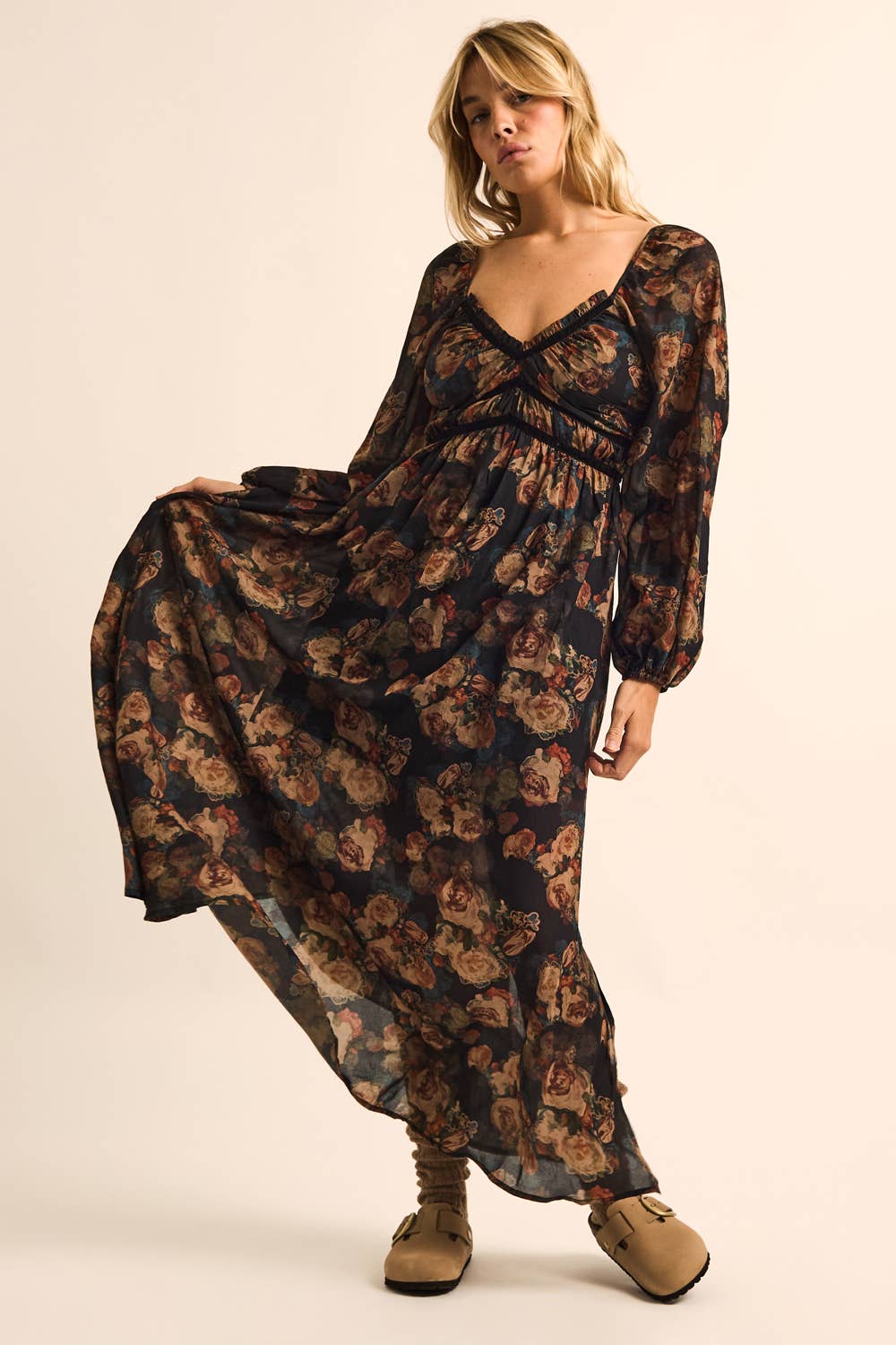 Floral-Print Velvet-Trimmed Bubble-Sleeve Maxi Dress