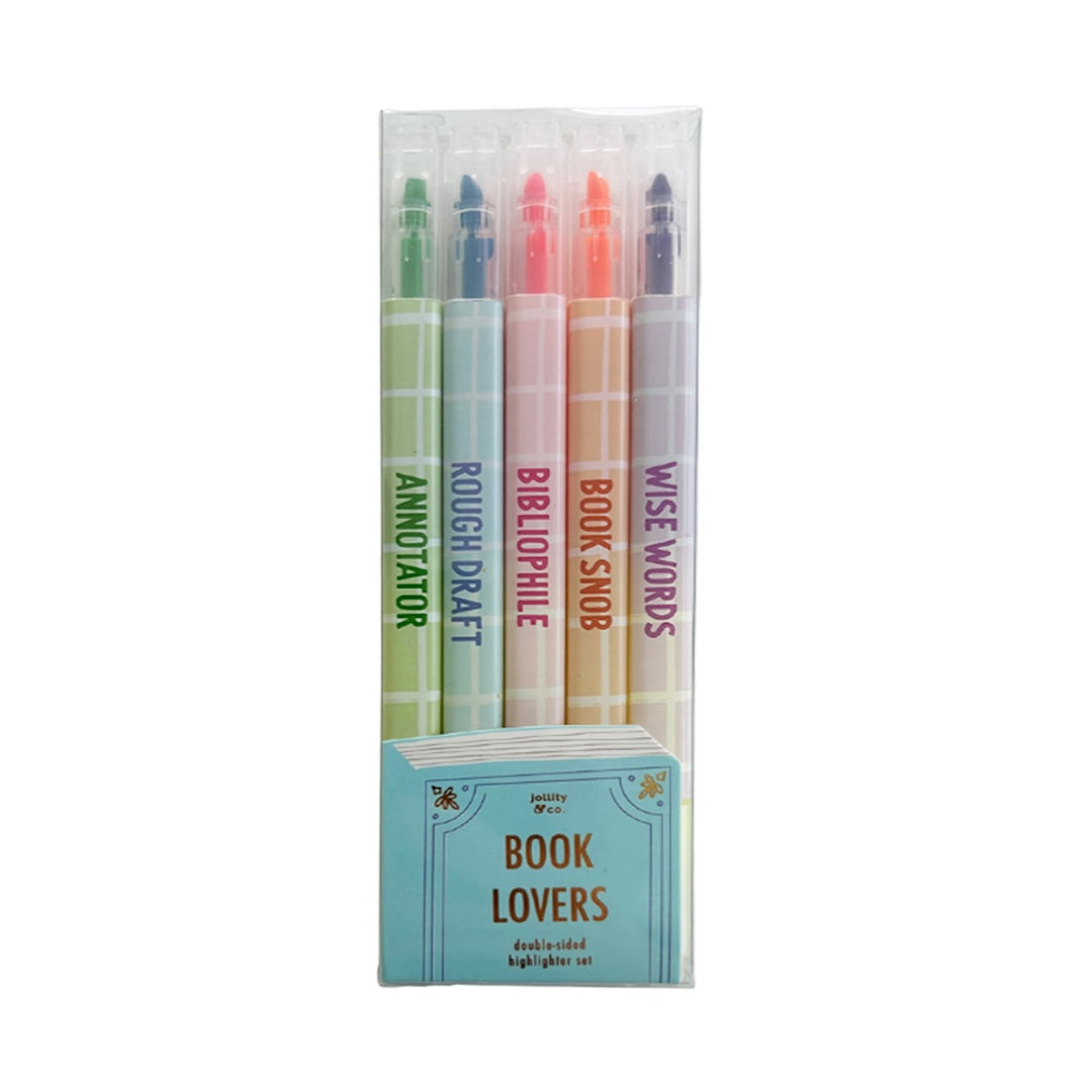 Book Club double-sided highlighter set with dual chisel and fine tips in book-themed designs, Jollity & Co.